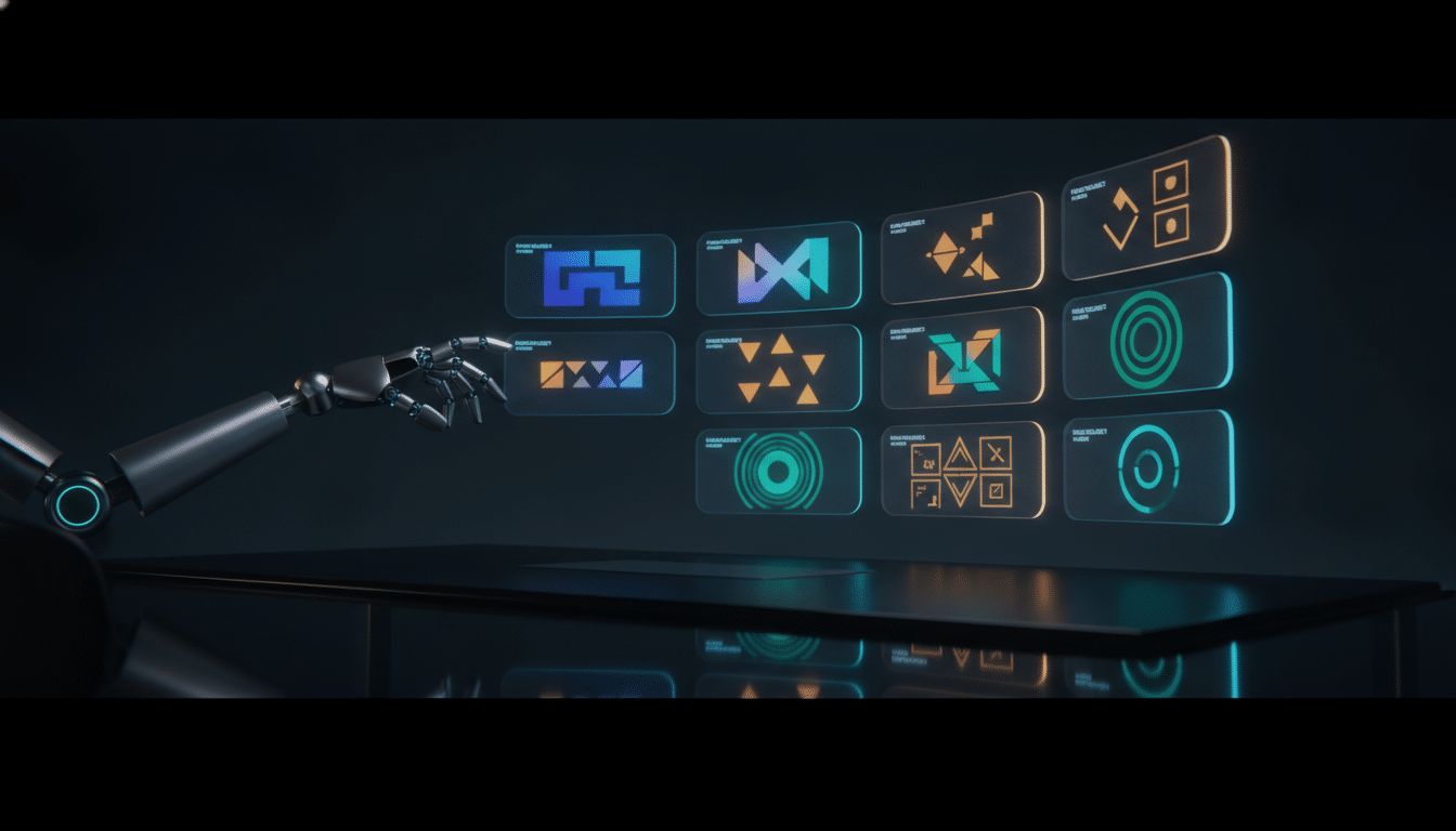 Robot arm interacting with floating holographic interface in dark futuristic setting