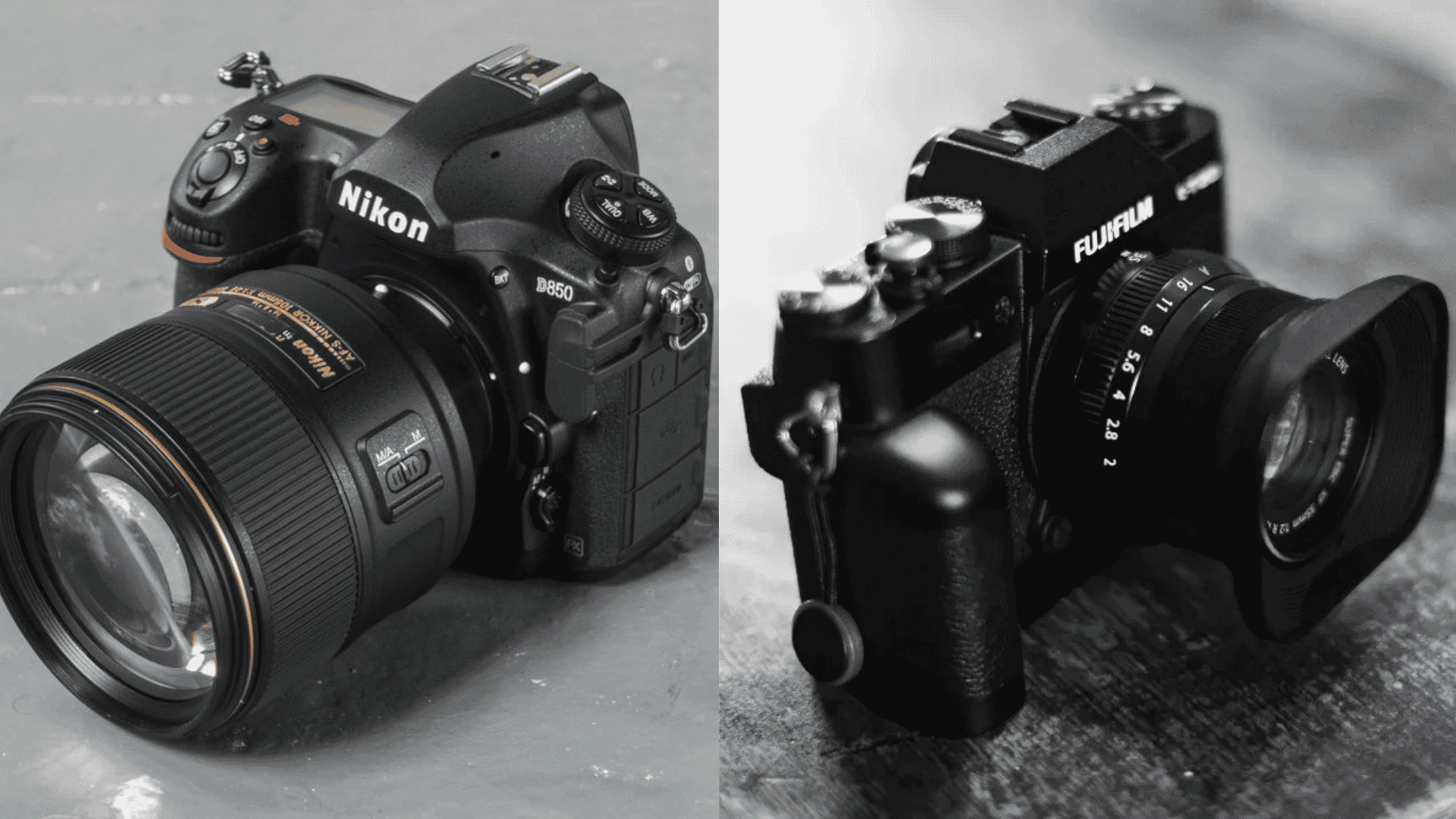 Side-by-side comparison of a bulky black Nikon D850 DSLR camera with a lens and a compact black Fujifilm mirrorless camera.