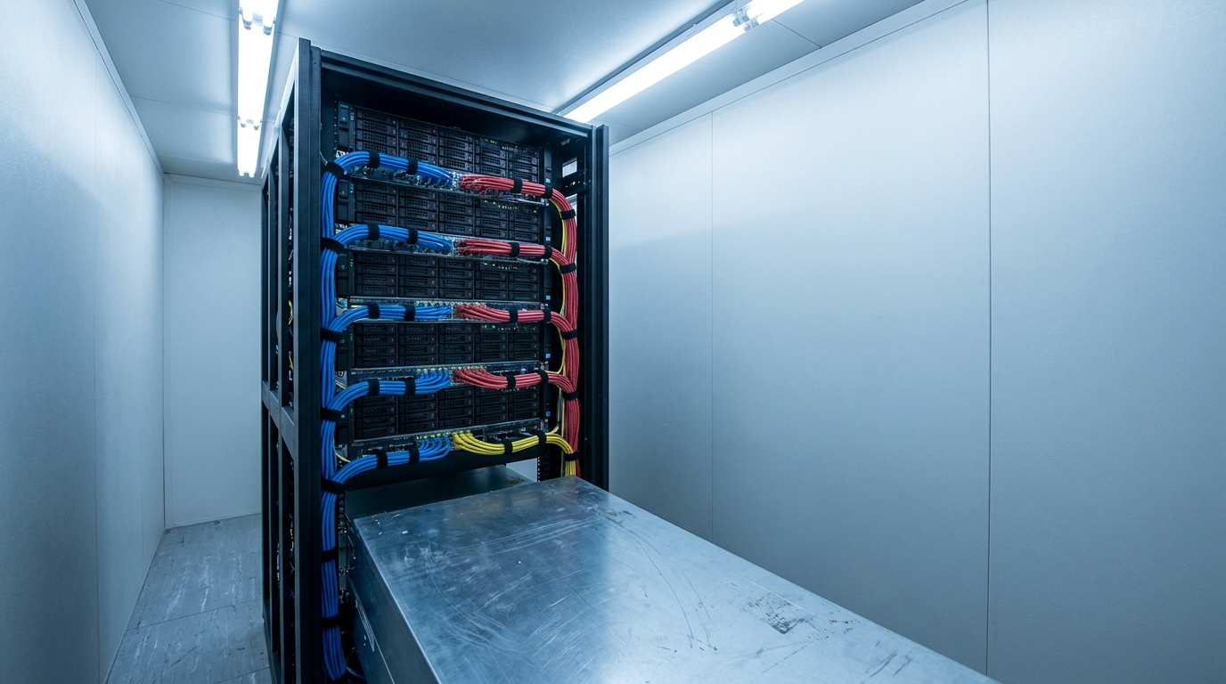 Server rack with colorful network cables in a lit data center room