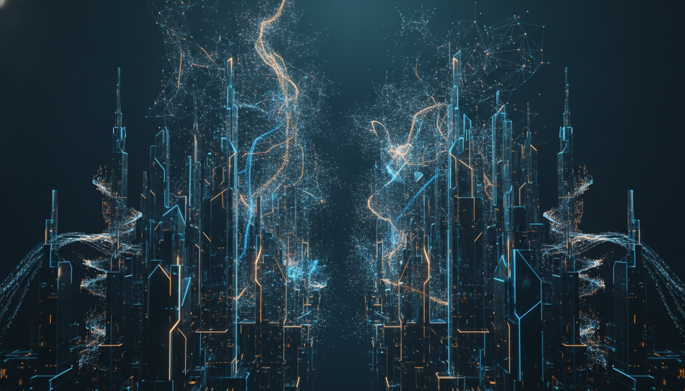 Futuristic digital cityscape with glowing blue and orange abstract lines and geometric shapes