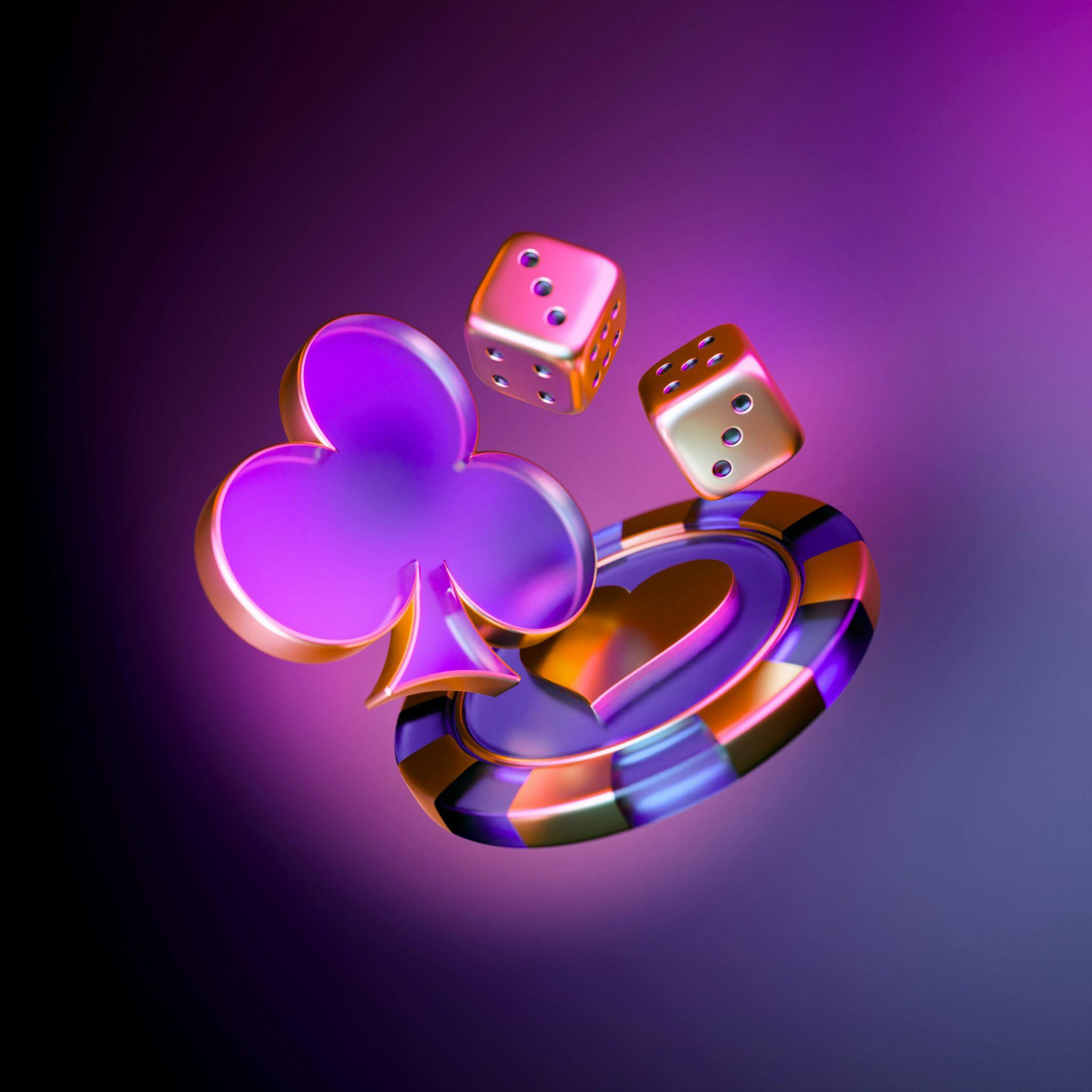 Colorful poker chip, clover symbol, and dice floating against a vibrant purple background