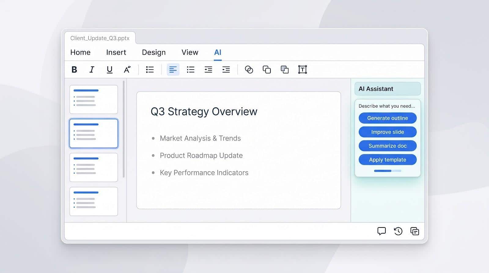 Presentation software interface showing Q3 strategy overview slide with AI assistant tools on the right