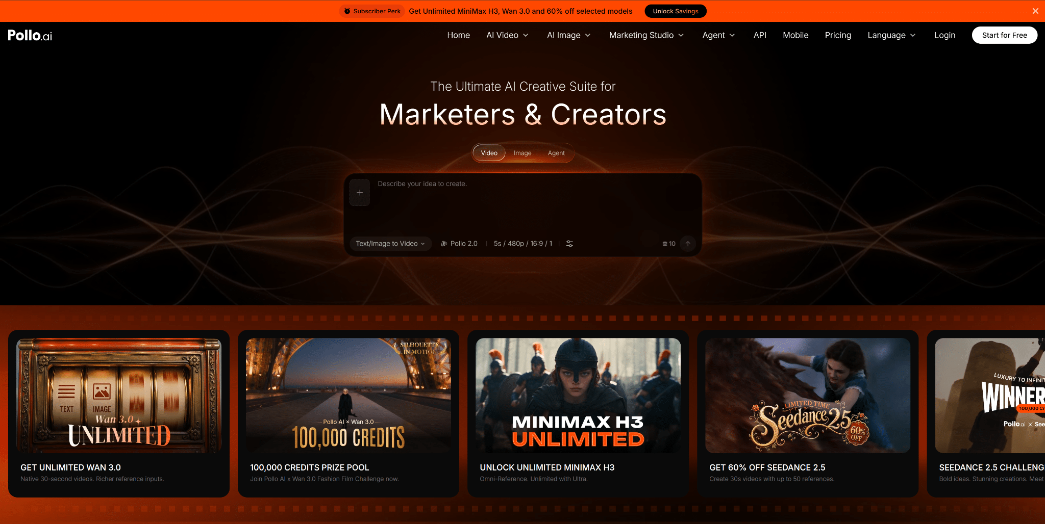 Website homepage with dark theme showcasing AI creative tools for marketers and creators