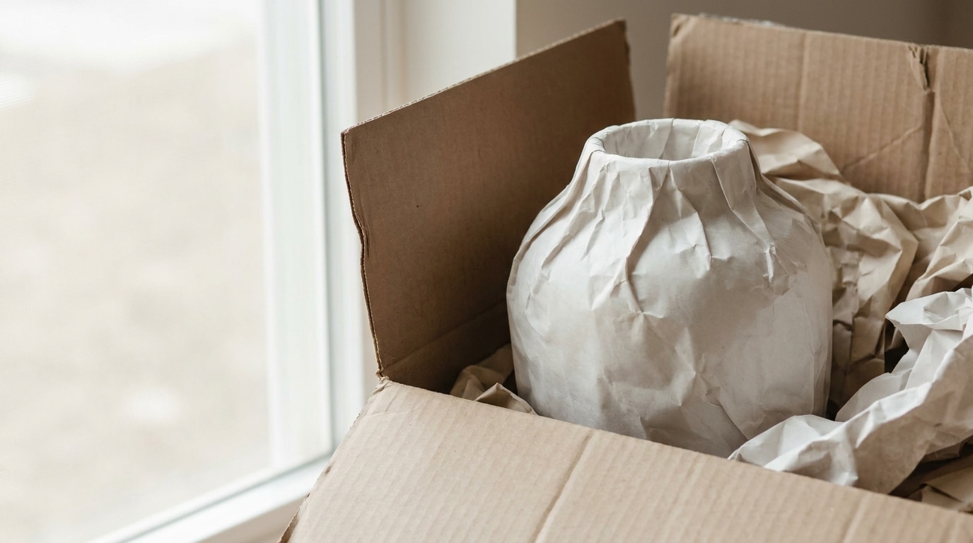 Ceramic vase wrapped in paper inside an open cardboard box near a window