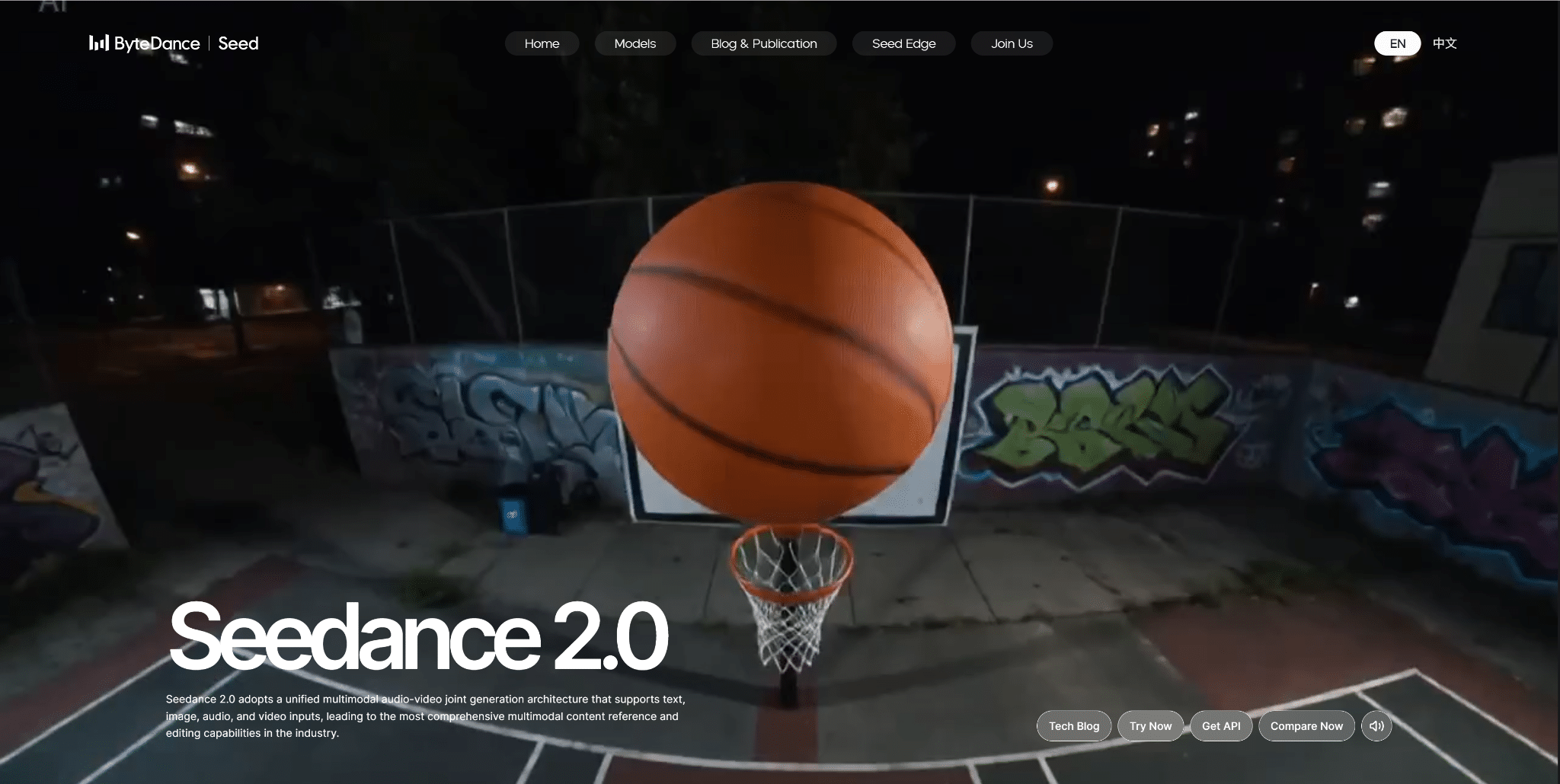 Basketball above hoop on urban court with graffiti walls at night