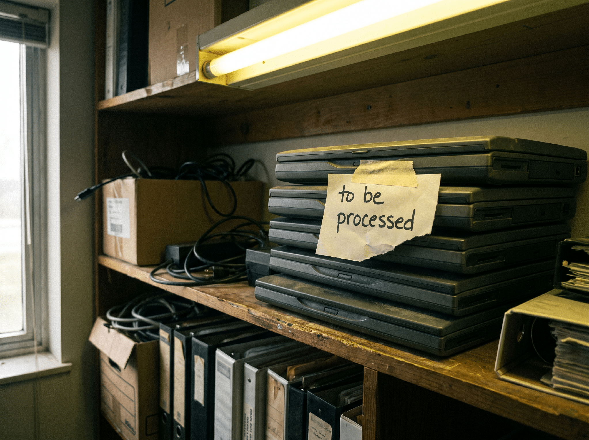 Storage shelf with several dusty retired laptops stacked, one labeled to be processed