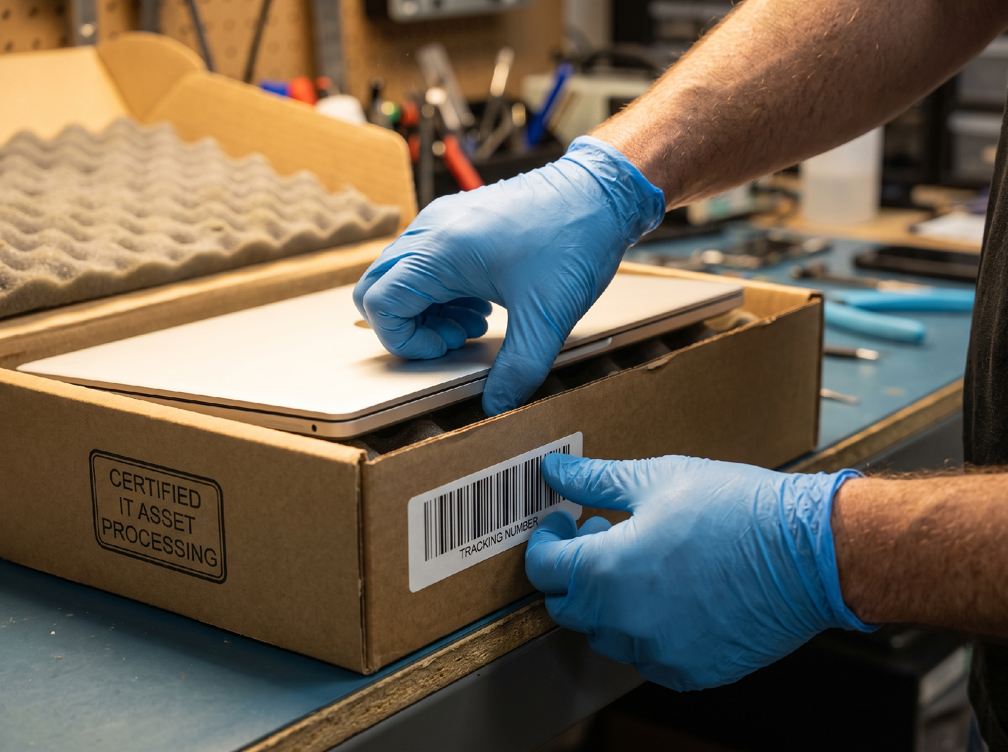 Technician’s hands securely packing a laptop into a labeled shipping box for certified processing