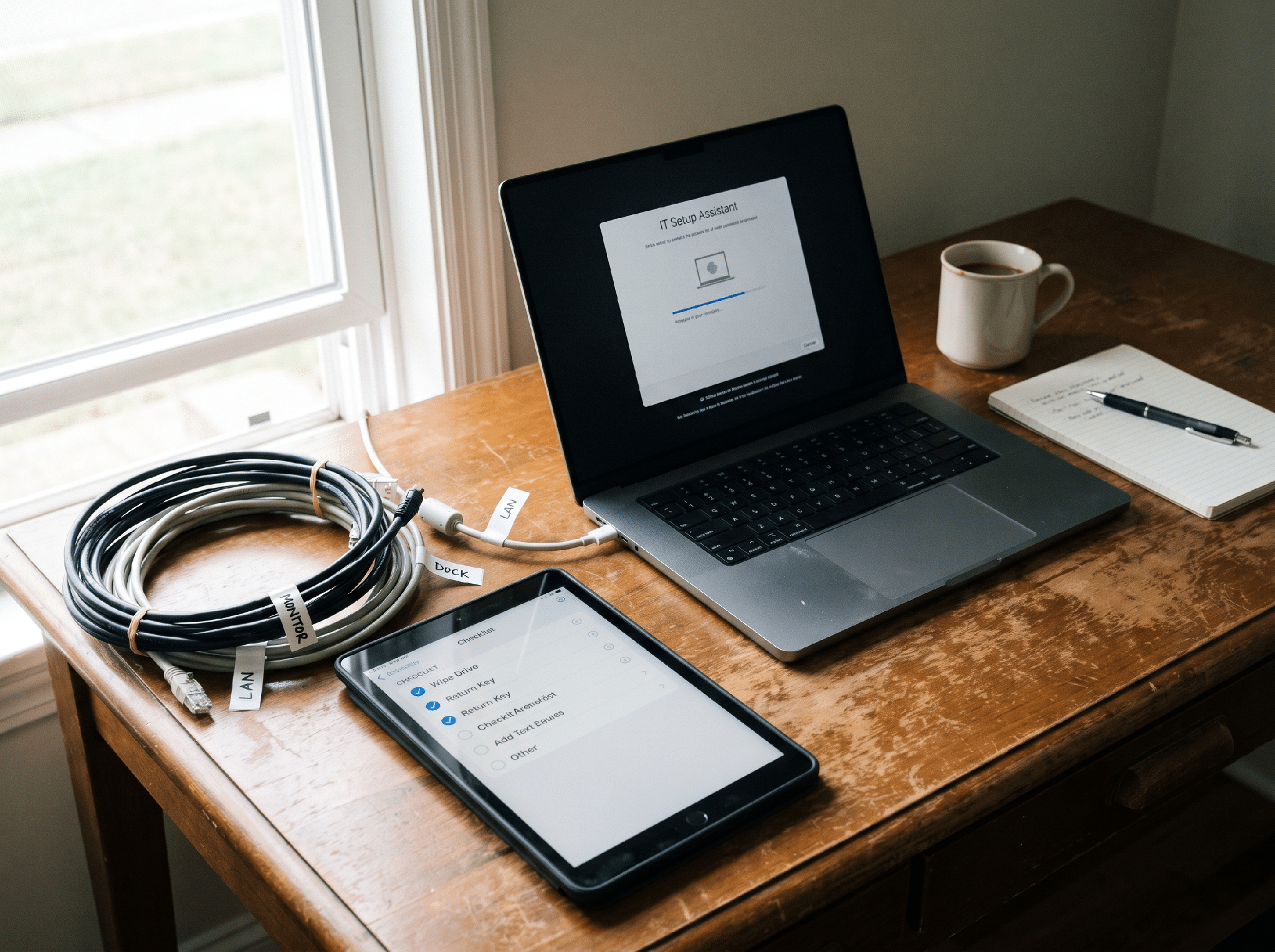 Tidy small-business office desk mid IT hardware refresh with laptop, organized cables, and checklist tablet