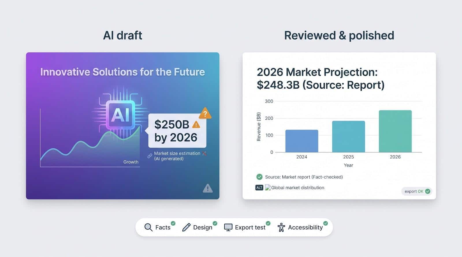 Comparison of AI-generated market forecast image versus fact-checked report chart