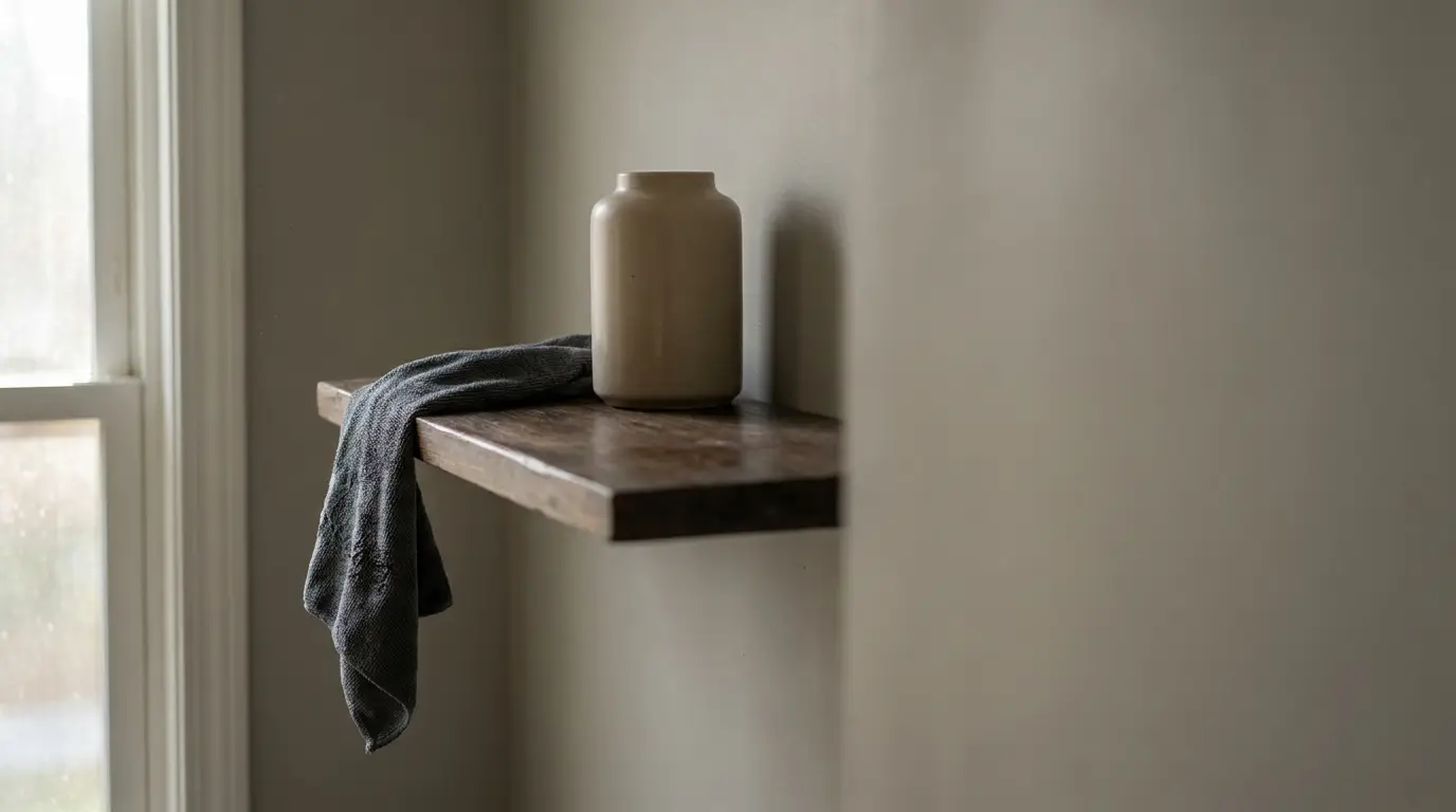 Jar and dark cloth on wooden shelf in softly lit interior space