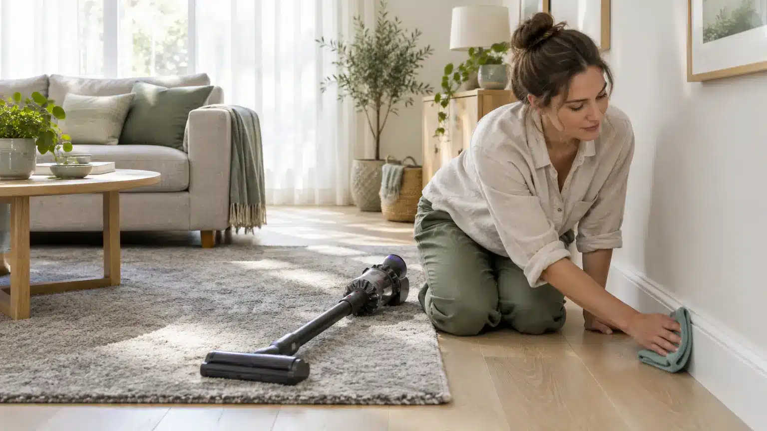 Woman cleaning wooden floor with cloth next to a modern vacuum in a bright living room