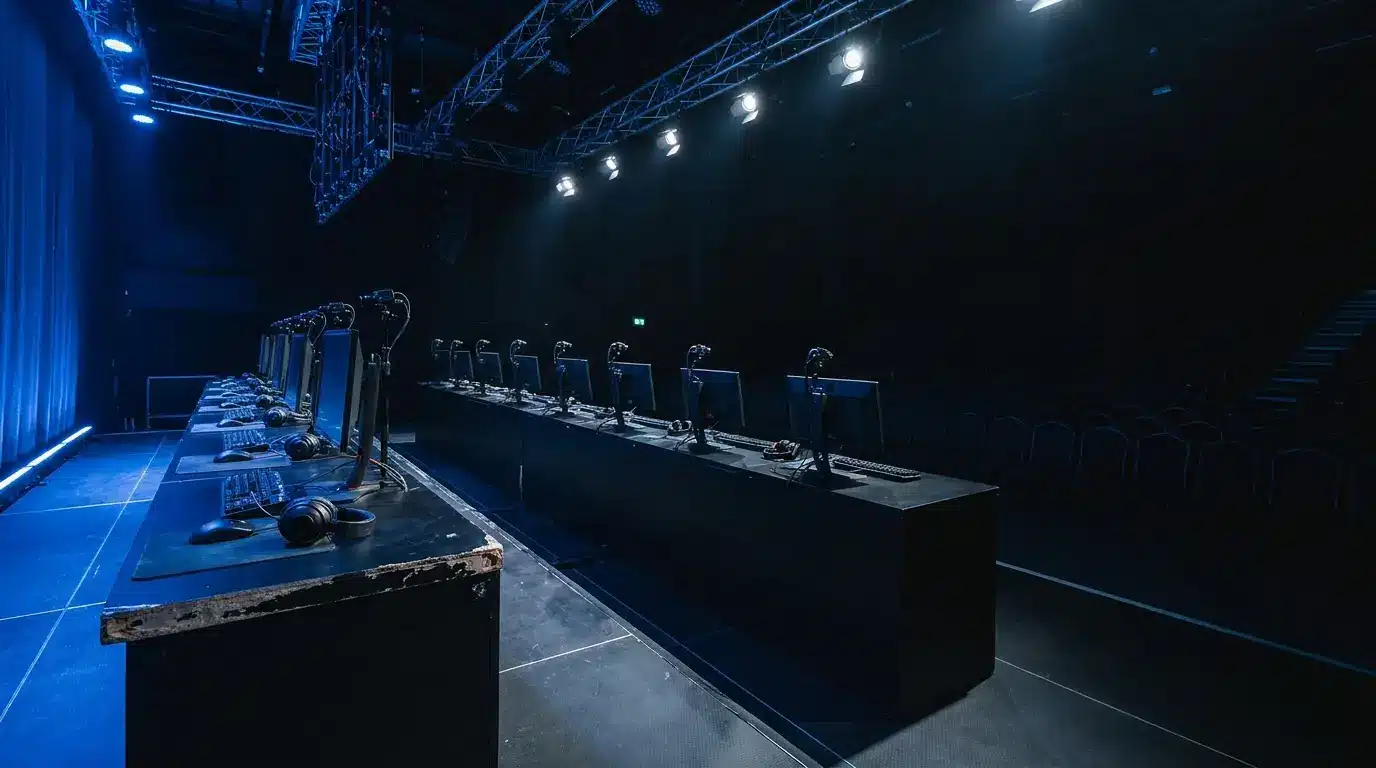 Esports gaming arena setup with rows of computer stations and blue ambient lighting