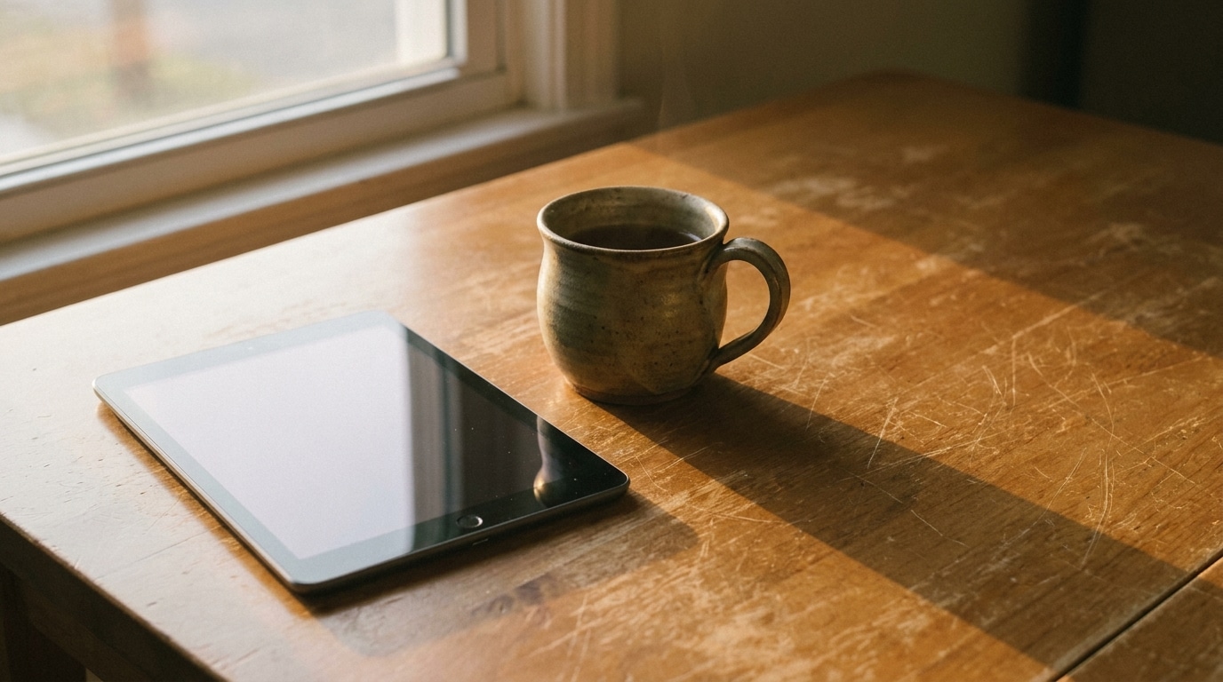 Tablet and ceramic mug on wooden table near sunny window