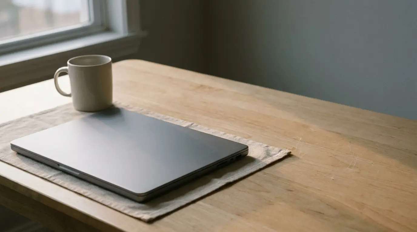 Closed silver laptop and plain ceramic mug on a wooden desk lit by soft window light