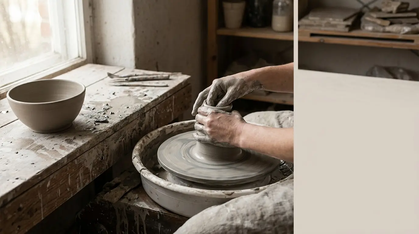Hands shaping wet clay on a pottery wheel in a home workshop with clay splatters nearby