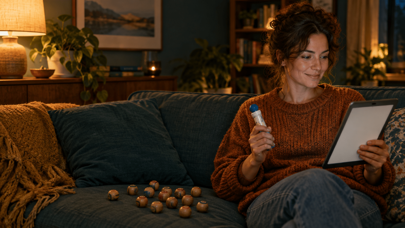 Woman sitting on couch holding tablet and bingo bottle in cozy living room atmosphere