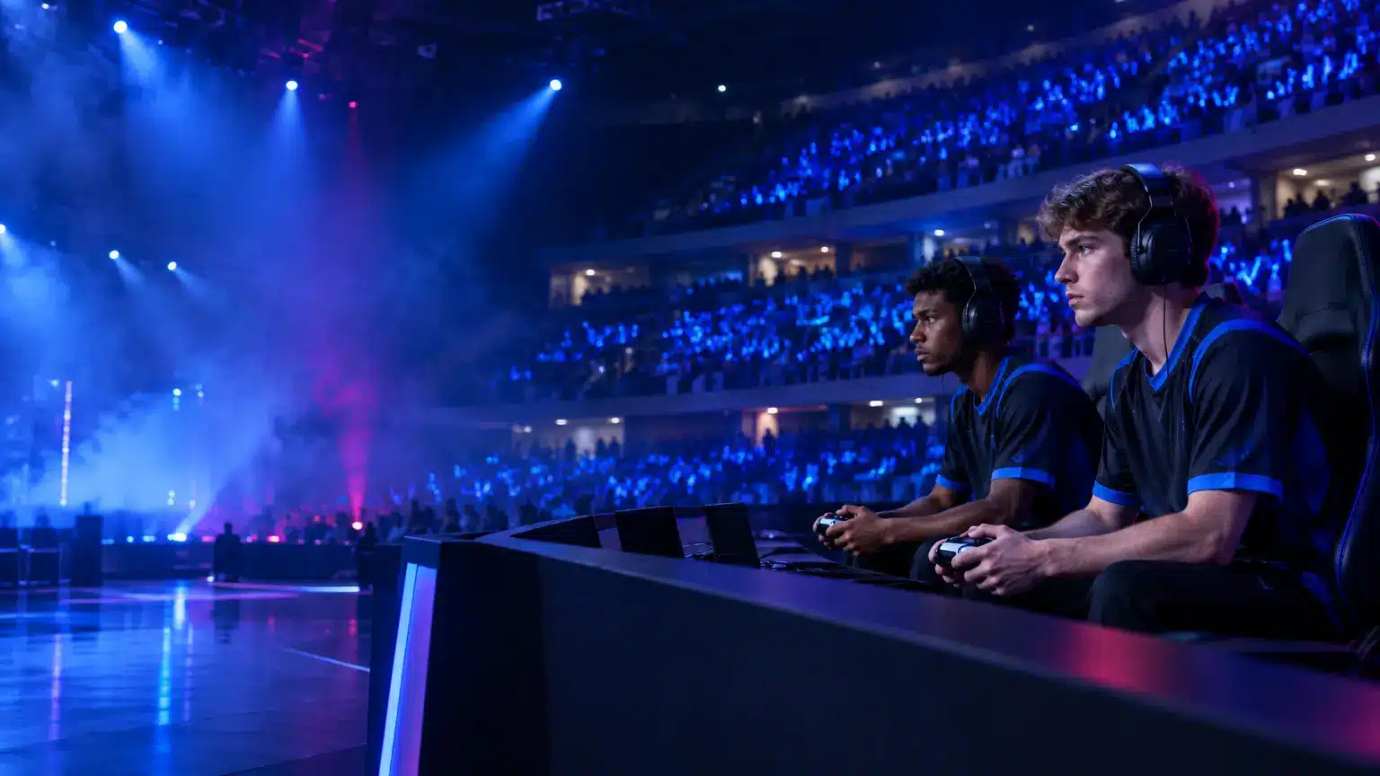 Two esports players intensely focused during gaming tournament in large arena with blue stage lighting